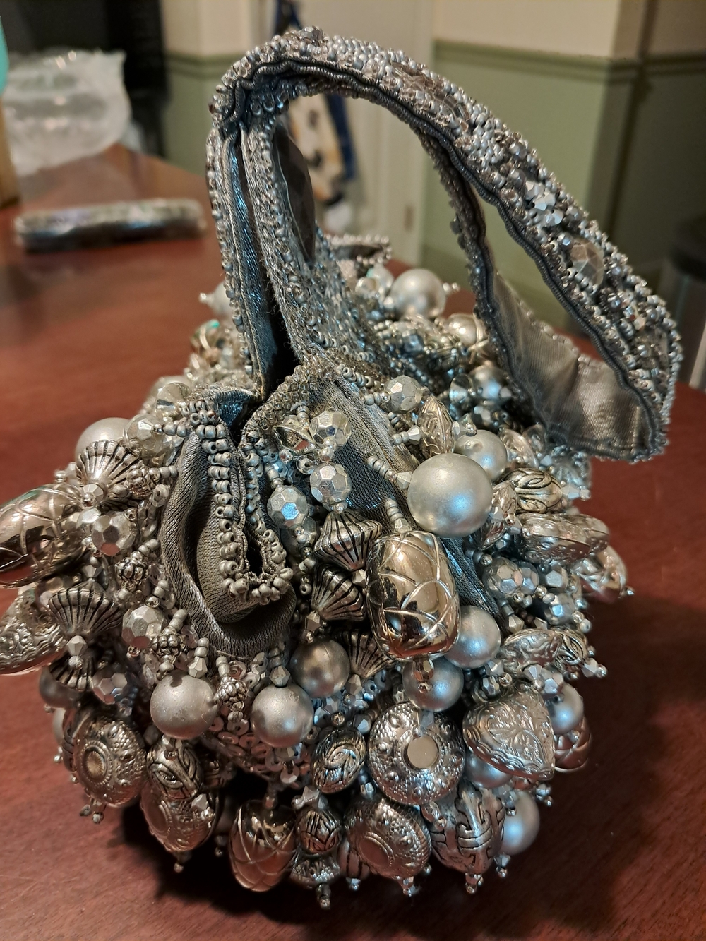 Mary Frances Silver Beaded Embellished Satchel Purse - Picture 4 of 4